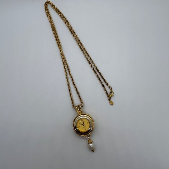 Gold Tone Pendant Watch Necklace With Faux Pearl Drop Floral Roman Working READ - Picture 6 of 10
